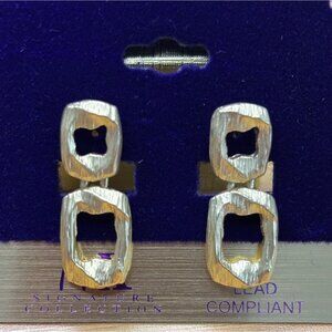 Abstract Gold-Tone Double Dangle Earrings With Textured Open Rectangles